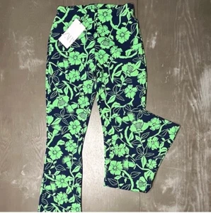 Zara Stretch Navy Green Floral Flare Leg Pull On Pants NWT Ladies Small - Picture 1 of 7