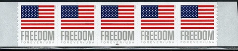 Mint US Strip of 5 Flag Freedom Coil Stamp with Plate# P111, Scott# 5788 (MNH) Cover