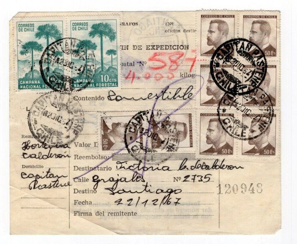 CHILE 1967 Parcel post CAPITAN PASTENE to SANTIAGO scarce postmarks must see - Image 1 of 1