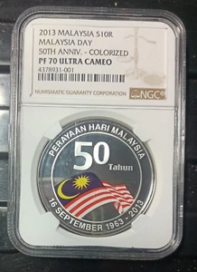 MALAYSIA 2013 RM10 MALAYSIA DAY 50TH ANNIV. NGC PF70 ULTRA CAMEO. PROOF SILVER  - Picture 1 of 4