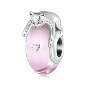 Bisaer 2 PCS Women 925 Silver Glass PINK Cat CZ Bead Charm Jewelry Fit Bracelets - Picture 1 of 15