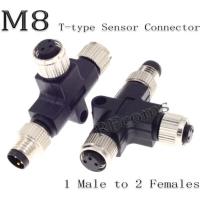 M8 Sensor Connector 3 4 5 Pin Connectors T Type 1male to 2 Female Splitter Plug - Image 1 of 4