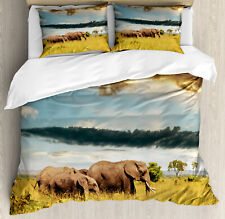African Duvet Cover Set with Pillow Shams Elephant Family Photo Print