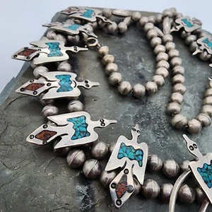 Sterling Silver 925 Navajo Squash Blossom Thunderbird Pawn Necklace Ag 24250 - Picture 1 of 8