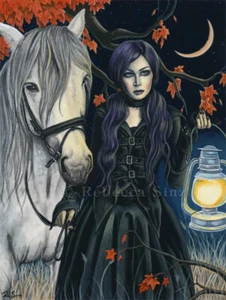 IMPRESIÓN Arte Fantasía Gótica Caballo Mujer Noche Media Luna Otoño Linterna Bruja - Imagen 1 de 1
