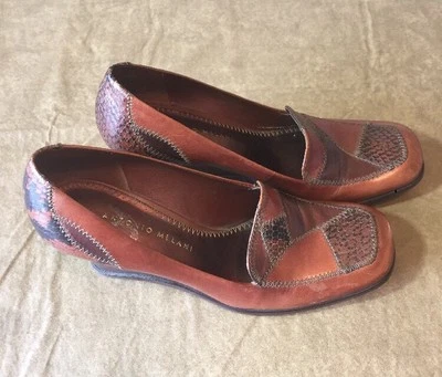 Zapatos de cuña ANTONI MELANI de cuero marrón/cobre para dama talla 6M estampado animal Foto 1 de 4