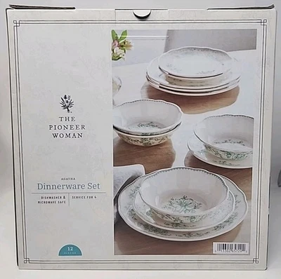 The Pioneer Woman Agatha 12-Piece Stoneware Dinnerware Set Green Flower. New