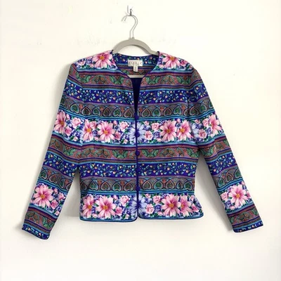 Chaqueta Adrianna Papell Púrpura Rosa Floral Seda Manga Larga Botón Delantero Talla 12 Foto 1 de 4