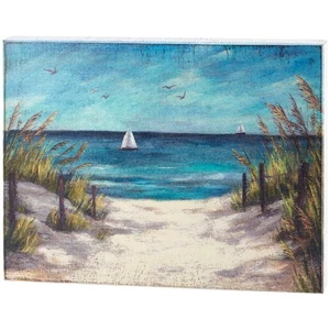 Decorative Wooden Box Sign Wall Art | Sandy Beach Dunes & Sailboat 18x14 NEW - Picture 1 of 3