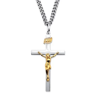 Colar pingente de prata esterlina banhado a ouro 14k crucifixo de dois tons 24" - Imagem 1 de 3