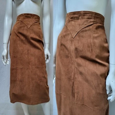 Falda Lápiz Vintage Informal Esquina Marrón Gamuza Cintura Alta - Talla S - Cintura 27" Foto 1 de 4