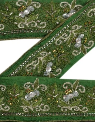 Encaje de costura con cuentas artesanales verdes borde/ajuste de sari de 1 yarda Sanskriti vintage Foto 1 de 4