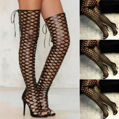 Mujeres Botas por encima de la rodilla Sandalias Tacones altos Con cordones Hueco Punta Abierta Tacones de aguja Foto 1 de 4