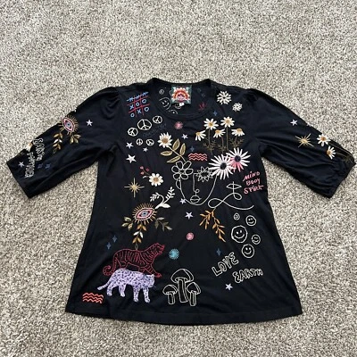 Johnny Was S Soho Black Shirt Puff Sleeve Flower Top Embroidery Floral BoHo Chic - Image 1 of 4