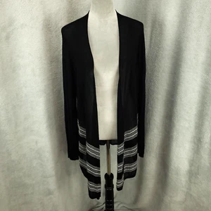 Chicos Travelers Cardigan Womens Large Black Gray Striped Sheer Open Front 2 - Picture 1 of 9