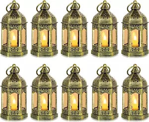 Mini Lantern with Flickering LED Candles Set of 10,  Gold Vintage Decorative Han - Picture 1 of 12