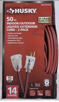 Husky 50 ft. 14/3 Single Lighted Extension Cord Heavy Duty 2-pack - Image 1 of 3