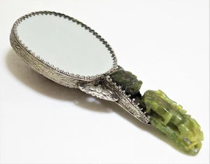 Antique Enameled Chinese Silver Jade Belt Hook Hand Mirror - Picture 1 of 12