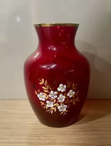 Bohemian Ruby Red Glass Floral Hand Paint Gold Guilded Vase 14cm Pre Owned - Picture 1 of 7
