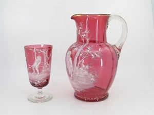 Fenton Mary Gregory Cranberry Glass Pitcher with Water Goblet Featuring Gnomes - Picture 1 of 12