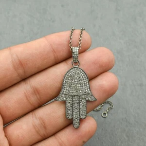 Hamsa Hand Pave Diamond Pendant Necklace,Charm Pendant,925 Sterling Silver,Gift - Picture 1 of 7