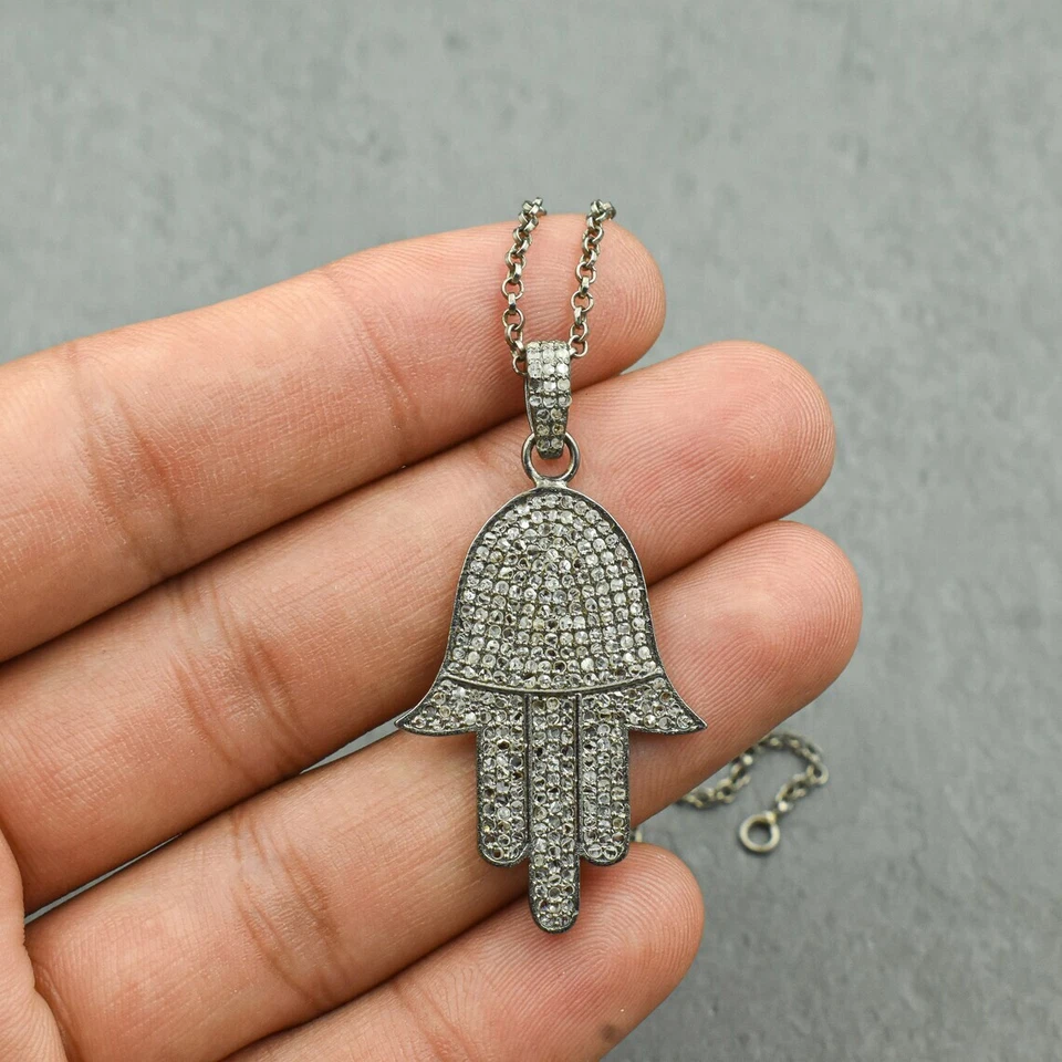 Collar colgante de diamantes pavé a mano Hamsa, colgante con dije, plata de ley 925, regalo Foto 1 de 4