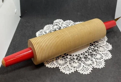 Vtg Large Wooden Rolling Pin For Making Lefsa - Red Handles 10” Roller - Image 1 of 4