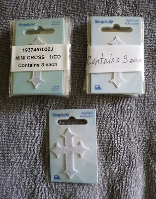 New Gift Simplicity Applique Iron Patch White Mini Cross 1/CD 3 Each 6pc - Image 1 of 4