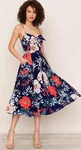 Yumi Kim Silk Pretty Woman Midi Dress in Rainforest Navy Women's Pockets Size S - Picture 1 of 9