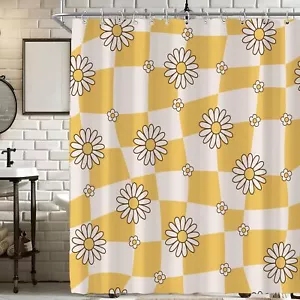Retro Daisy Floral Shower Curtain Yellow Checkered Design 72Wx72H Inches - Picture 1 of 7
