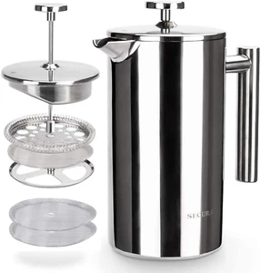 French Press Coffee Maker 34oz – Stainless Steel, Insulated, w/ 2 Screens - Picture 1 of 7