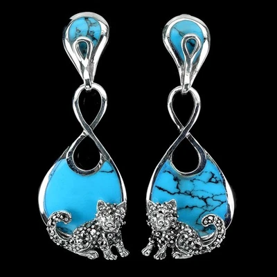 925 Sterling Silver Earrings Turquoise Marcasite Gemstone Cat Jewelry - Image 1 of 4
