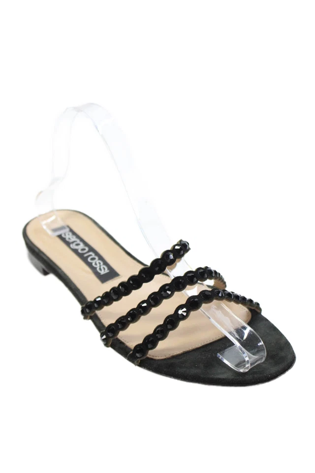 Sergio Rossi Womens Strappy Rhinestone Detail Slide Sandals Black Size 9.5 - Image 1 of 4