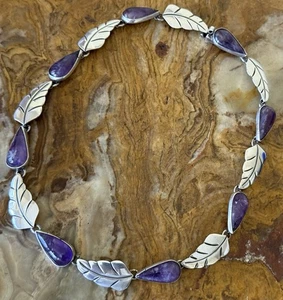 1940s Beto Mexico Sterling Leaf Amethyst Teardrop Necklace 40 Grams 15.5" TAXCO - Picture 1 of 13