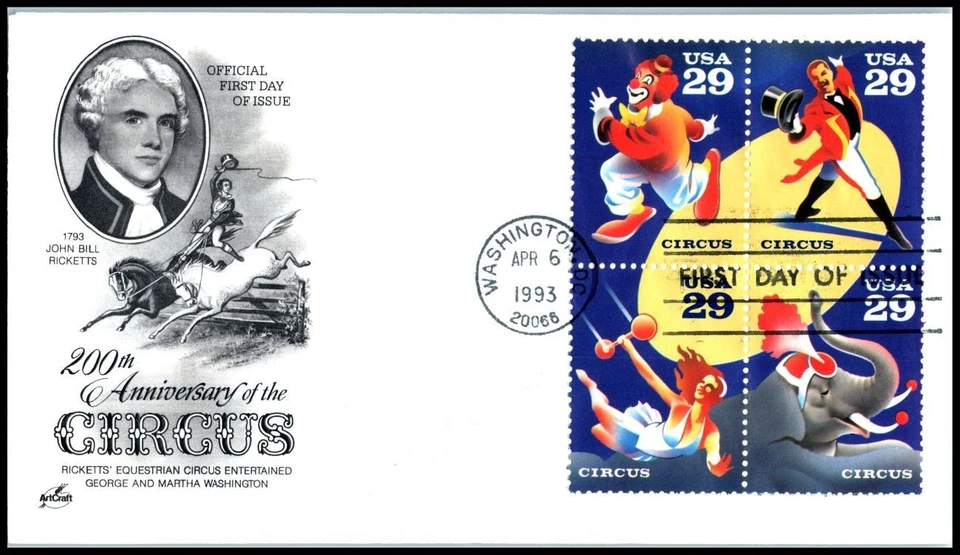 1993 Circus 29c Sc 2750-2753 FDC Barnum Bailey Ringling, ArtCraft cachet (T1 - Image 1 of 1
