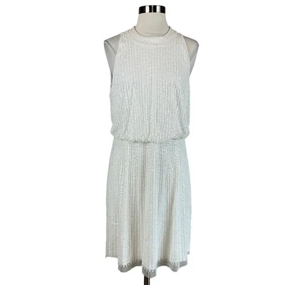 Adrianna Papell Women's Cocktail Dress Size 10 White Sequined Sleeveless Sheath - Image 1 of 4