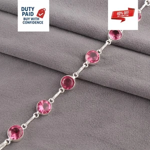 Pulsera de cadena de turmalina rosa redonda de plata de ley 925 oferta de día de agradecimiento - Imagen 1 de 8