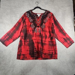 Vintage Tunic Top Womens 18 Red Tie Dye Beaded Embroidered Sheer Whimsigoth Swim - Picture 1 of 12