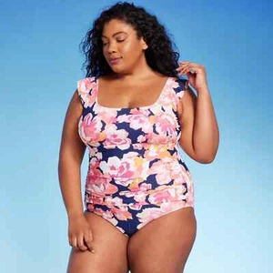 Size 14 - Womens Full Coverage Floral Print Ruffle Sleeve One Piece Swimsuit - Picture 1 of 5