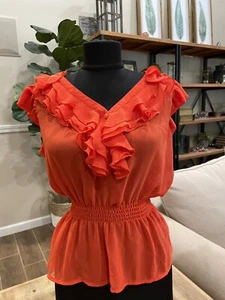 Forever 21 Rüschentop transparent orange Rüschenärmel Damen Größe Small " - Bild 1 von 6