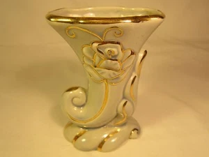 Vintage Ceramic POTTERY 4.5" Blue AMERICAN BISQUE Cornucopia 22K Gold trim [D1] - Picture 1 of 4