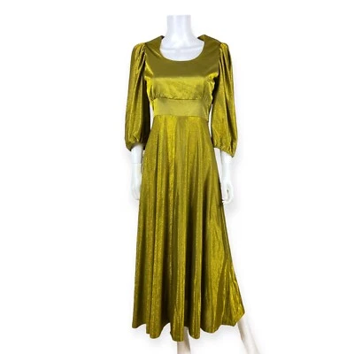 Vestido de piso vintage años 60 70 verde brillante metálico hecho a mano manga abullonada Foto 1 de 4