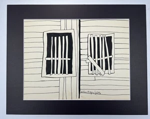 Vtg Architecture Drawing Old Shutters 11x14” Folk Art Ink Sketch Signed Matted - Picture 1 of 13