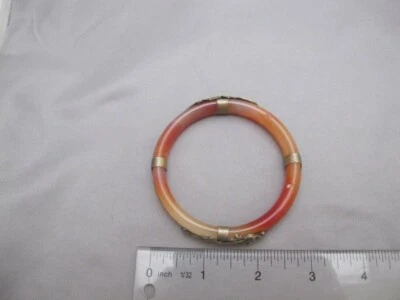 Vintage CHINESE CARNELIAN & BRASS BANGLE BRACELET-Applied DRAGON & PHOENIX-7.5" - Image 1 of 4