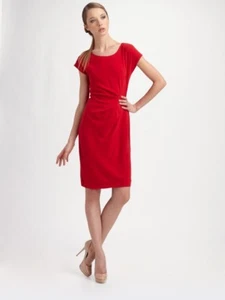 DKNY Maraschino Red Cap Sleeve Gathered Waist Stretch Crepe Dress - Picture 1 of 4
