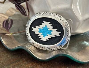 Hebilla de cinturón con incrustación de turquesa hecha a mano - Chevron estilo suroeste occidental ovalado - Imagen 1 de 4