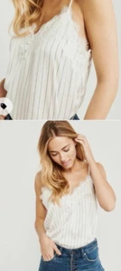 Abercrombie and Fitch y2k Cami Top Medium White Stripe Lace Trim Ethereal Button - Picture 1 of 10