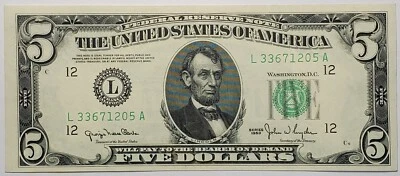 Choice About Uncirculated  1950 $5.00 note w/serial# L33671205A - Image 1 of 2