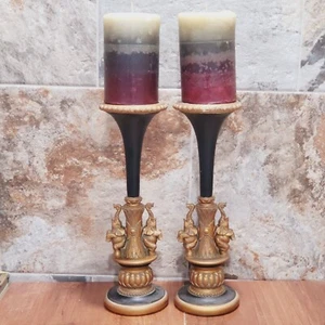 Pair of Elephant Trunk Up Candle Holder Gold Black 15 In Tall - Picture 1 of 10