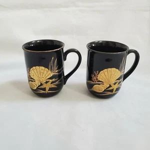 Otagiri Gold Seashells Black Coffee Mug Cup Pair Beach Ocean Starfish Vintage - Picture 1 of 7